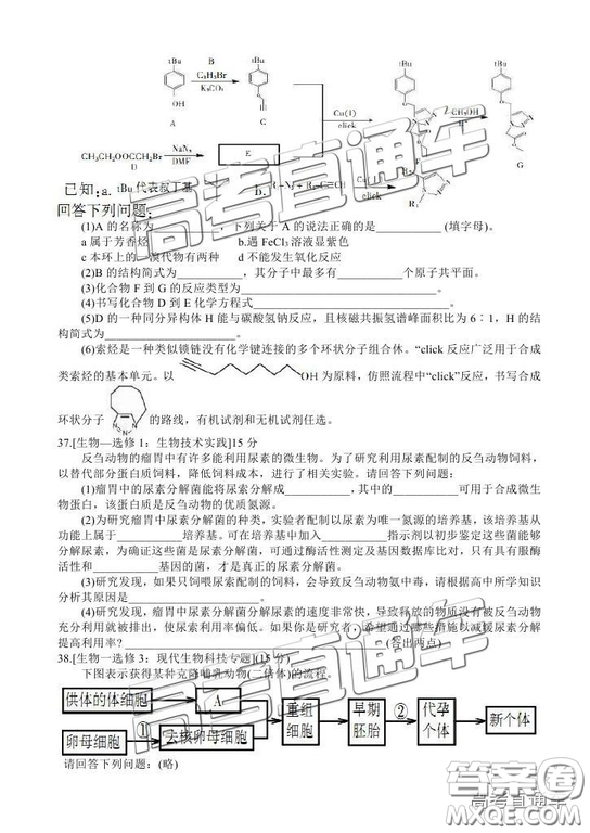 2019涼山一診高三理綜試題及參考答案
