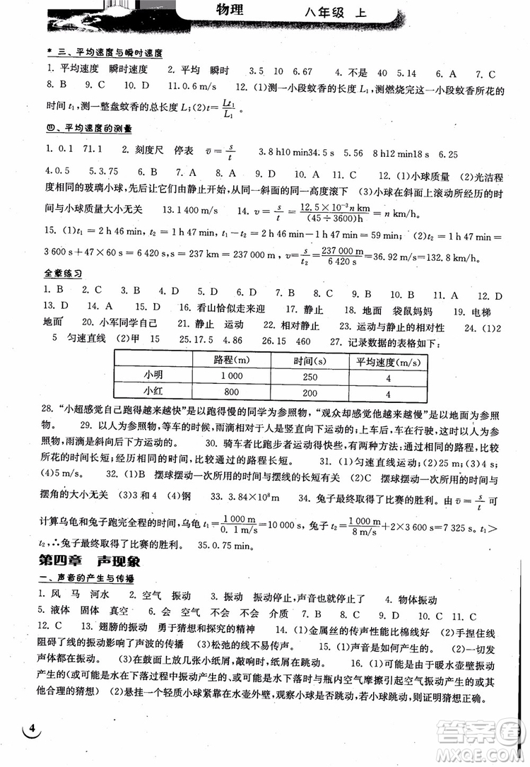 2018年長(zhǎng)江作業(yè)本同步練習(xí)冊(cè)初中八年級(jí)上冊(cè)物理人教版參考答案