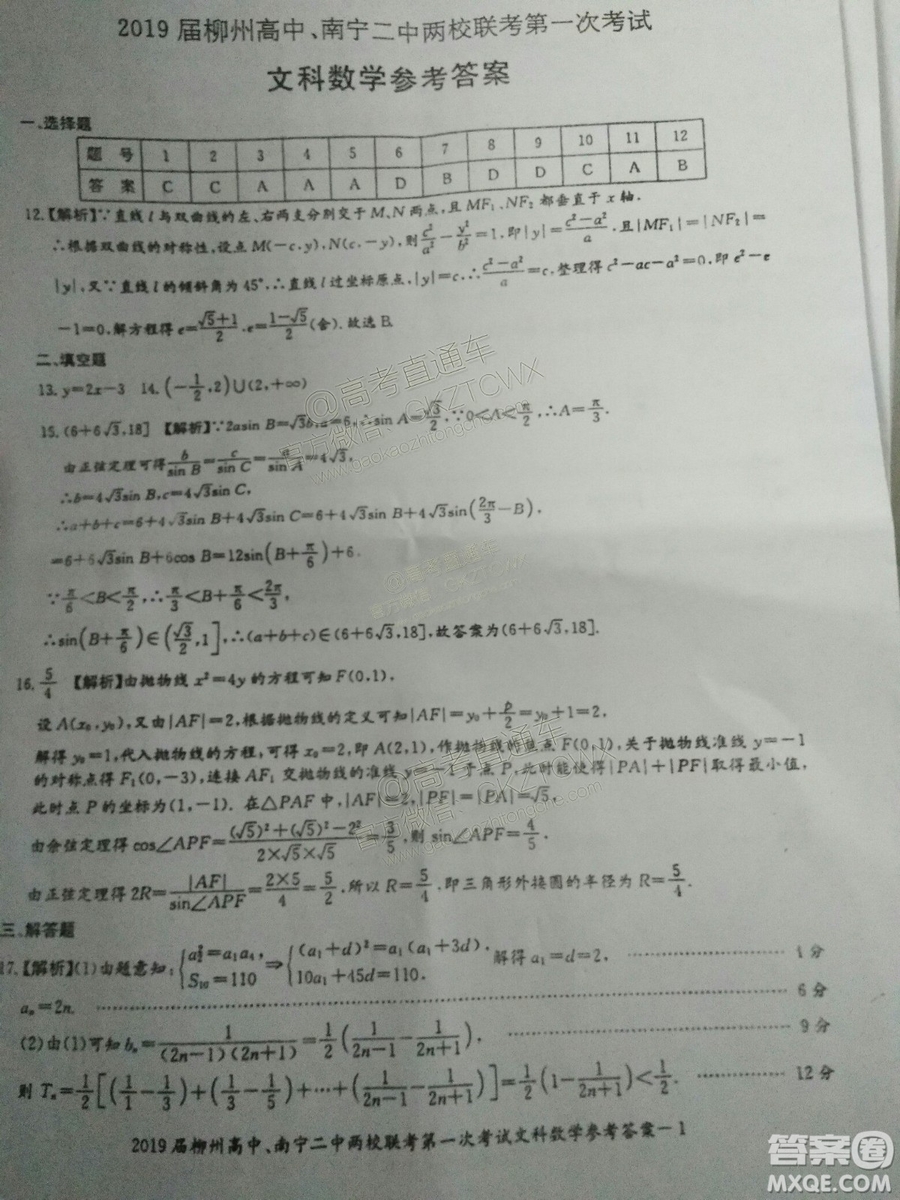 2019廣西柳州高中、南寧二中兩校聯(lián)考文數(shù)試題及參考答案
