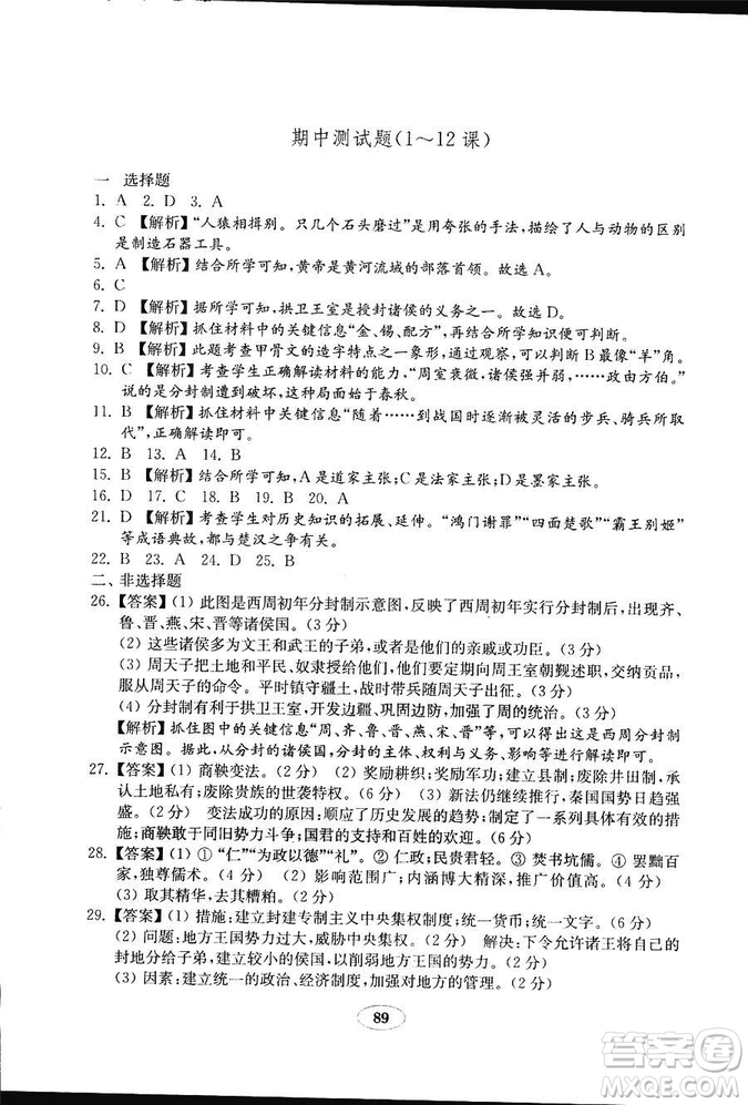 2018秋金鑰匙試卷歷史七年級(jí)上冊(cè)人教版9787532895151答案