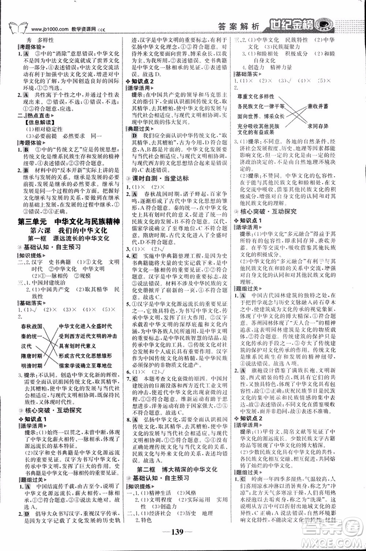 2018版世紀(jì)金榜高中全程學(xué)習(xí)方略人教版浙江地區(qū)專(zhuān)用思想政治必修3參考答案