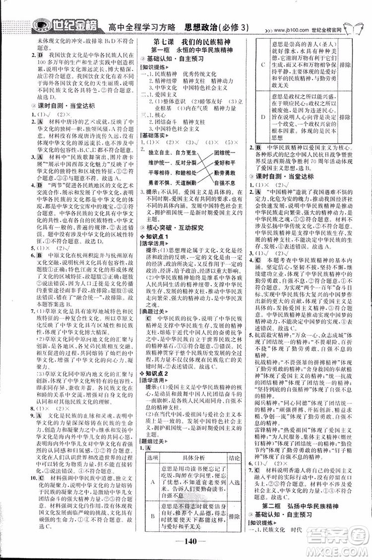 2018版世紀(jì)金榜高中全程學(xué)習(xí)方略人教版浙江地區(qū)專(zhuān)用思想政治必修3參考答案