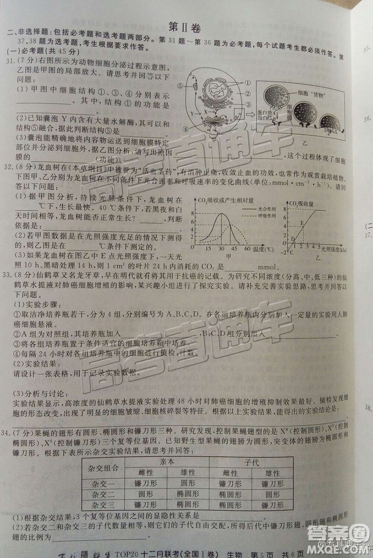 百校聯(lián)盟2019屆TOP20十二月聯(lián)考全國(guó)Ⅰ卷生物試卷及參考答案