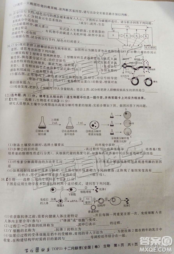 百校聯(lián)盟2019屆TOP20十二月聯(lián)考全國(guó)Ⅰ卷生物試卷及參考答案
