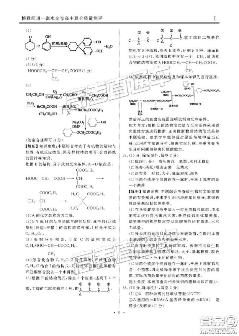 博雅聞道衡水金卷2019屆高三第三次聯(lián)合質(zhì)量測(cè)評(píng)理綜答案