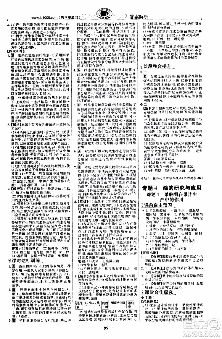 2018年世紀(jì)金榜課時(shí)講練通人教版生物選修1生物技術(shù)實(shí)踐參考答案