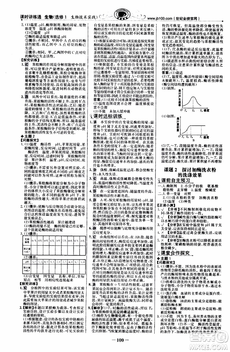 2018年世紀(jì)金榜課時(shí)講練通人教版生物選修1生物技術(shù)實(shí)踐參考答案