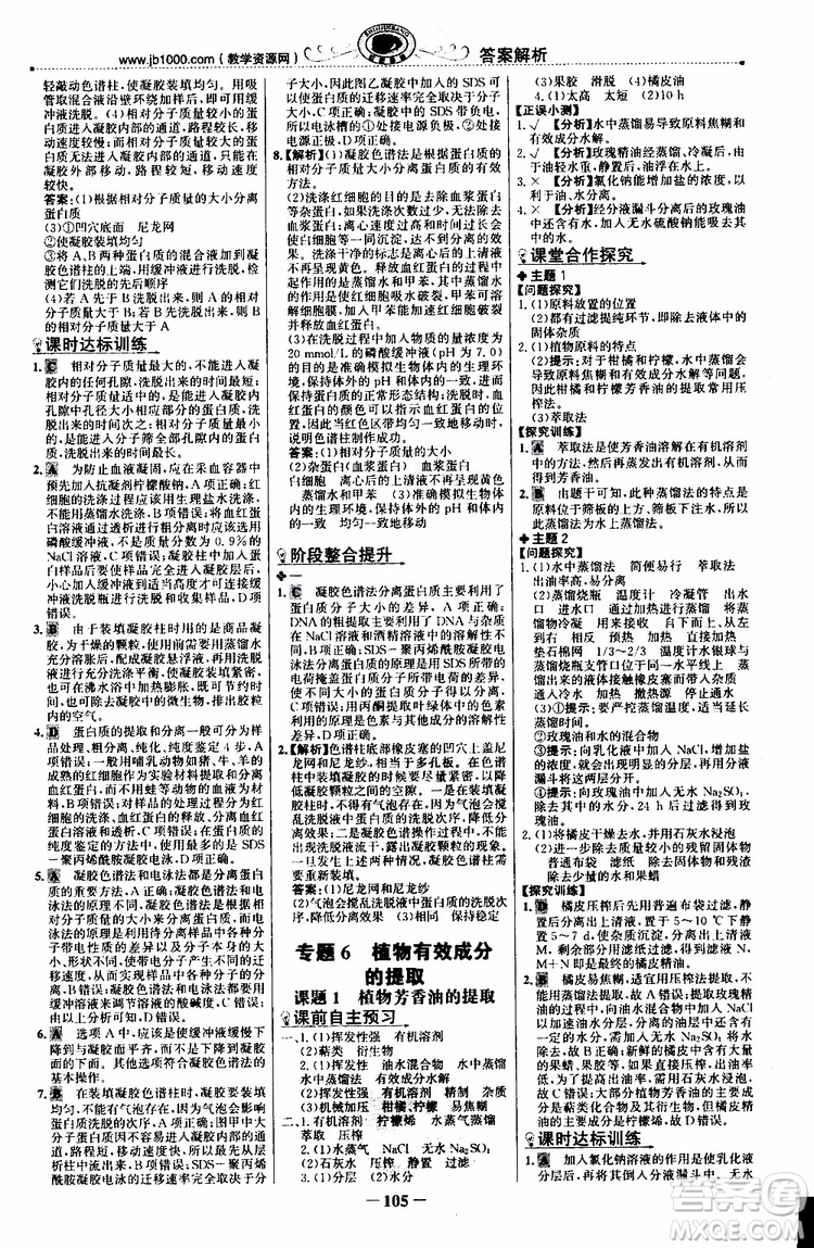 2018年世紀(jì)金榜課時(shí)講練通人教版生物選修1生物技術(shù)實(shí)踐參考答案