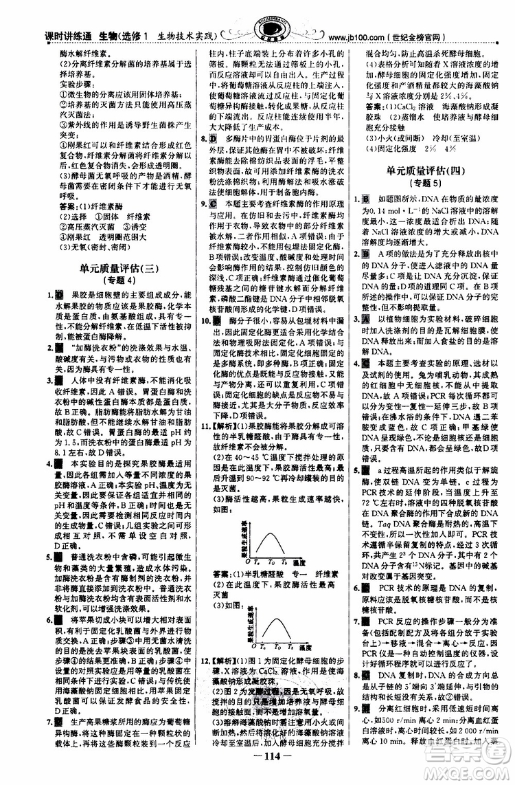 2018年世紀(jì)金榜課時(shí)講練通人教版生物選修1生物技術(shù)實(shí)踐參考答案