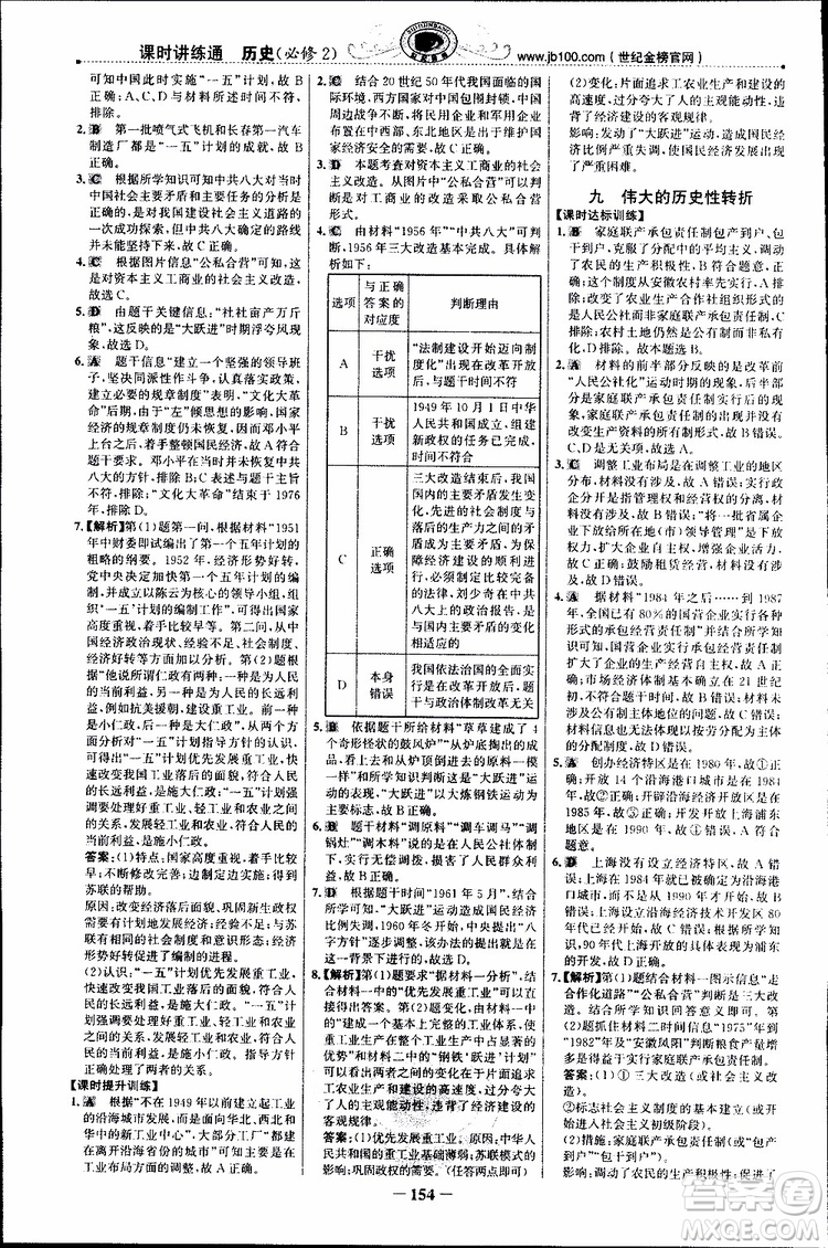 2018年世紀(jì)金榜課時講練通人民版RM歷史必修2參考答案