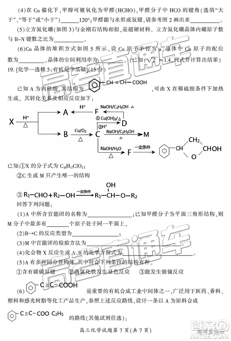 2019屆湖南省郴州市高三第一次質(zhì)量檢測理綜試題及參考答案
