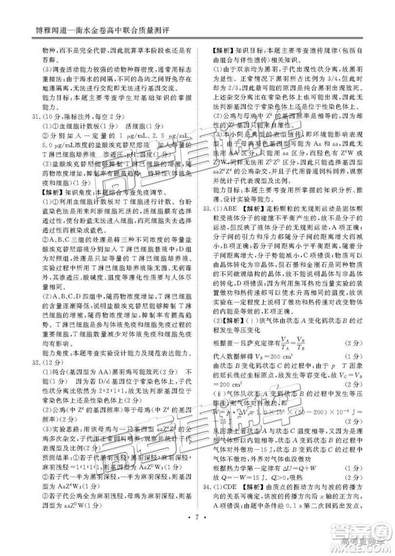 博雅聞道衡水金卷2019屆高三第三次聯(lián)合質(zhì)量測(cè)評(píng)理綜答案