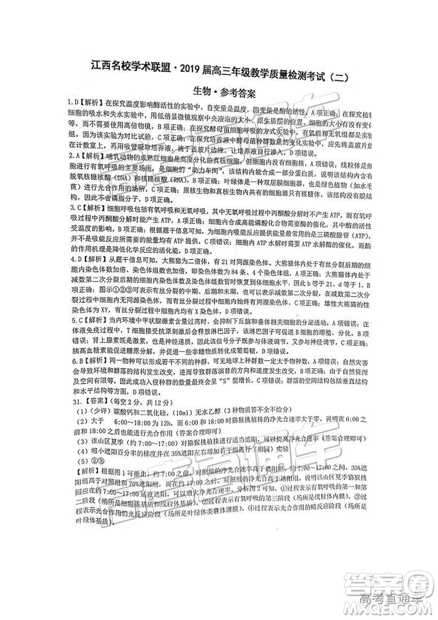 江西名校學(xué)術(shù)聯(lián)盟2019屆高三年級(jí)教學(xué)質(zhì)量檢測考試（二）理綜試題及參考答案