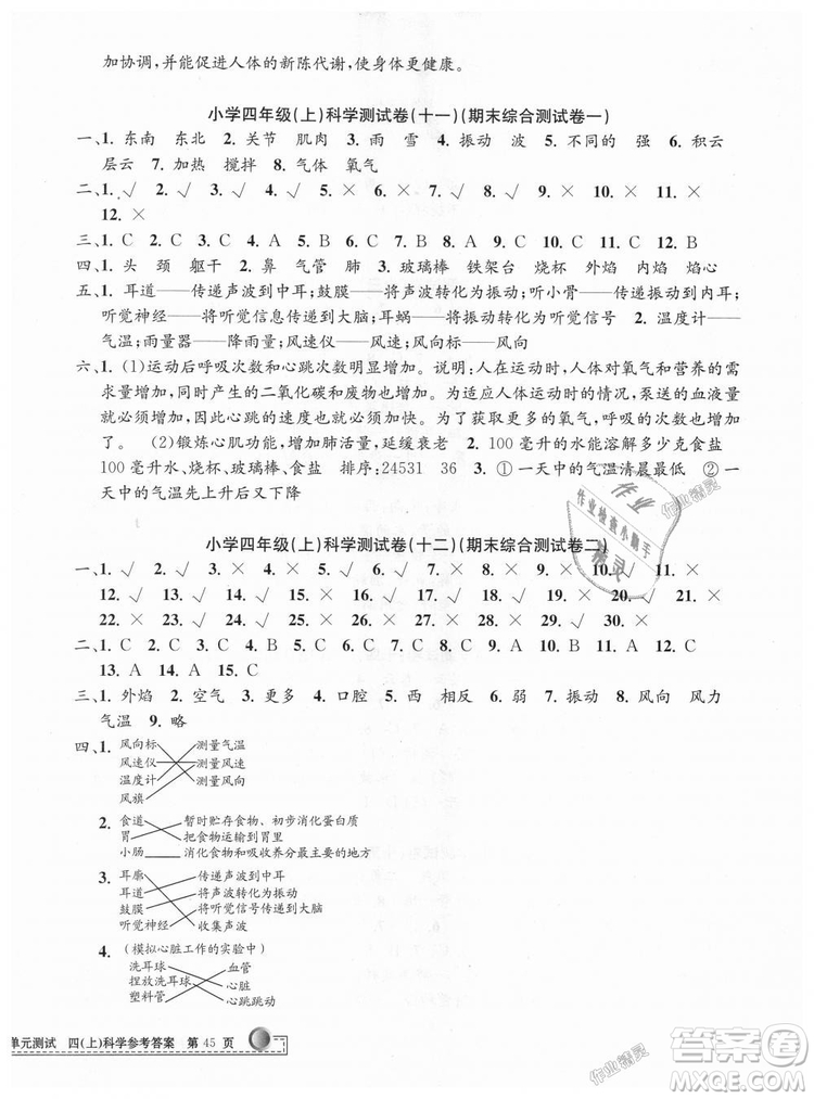 教科版9787517809203孟建平2018新版小學(xué)單元測(cè)試四年級(jí)上冊(cè)J科學(xué)答案