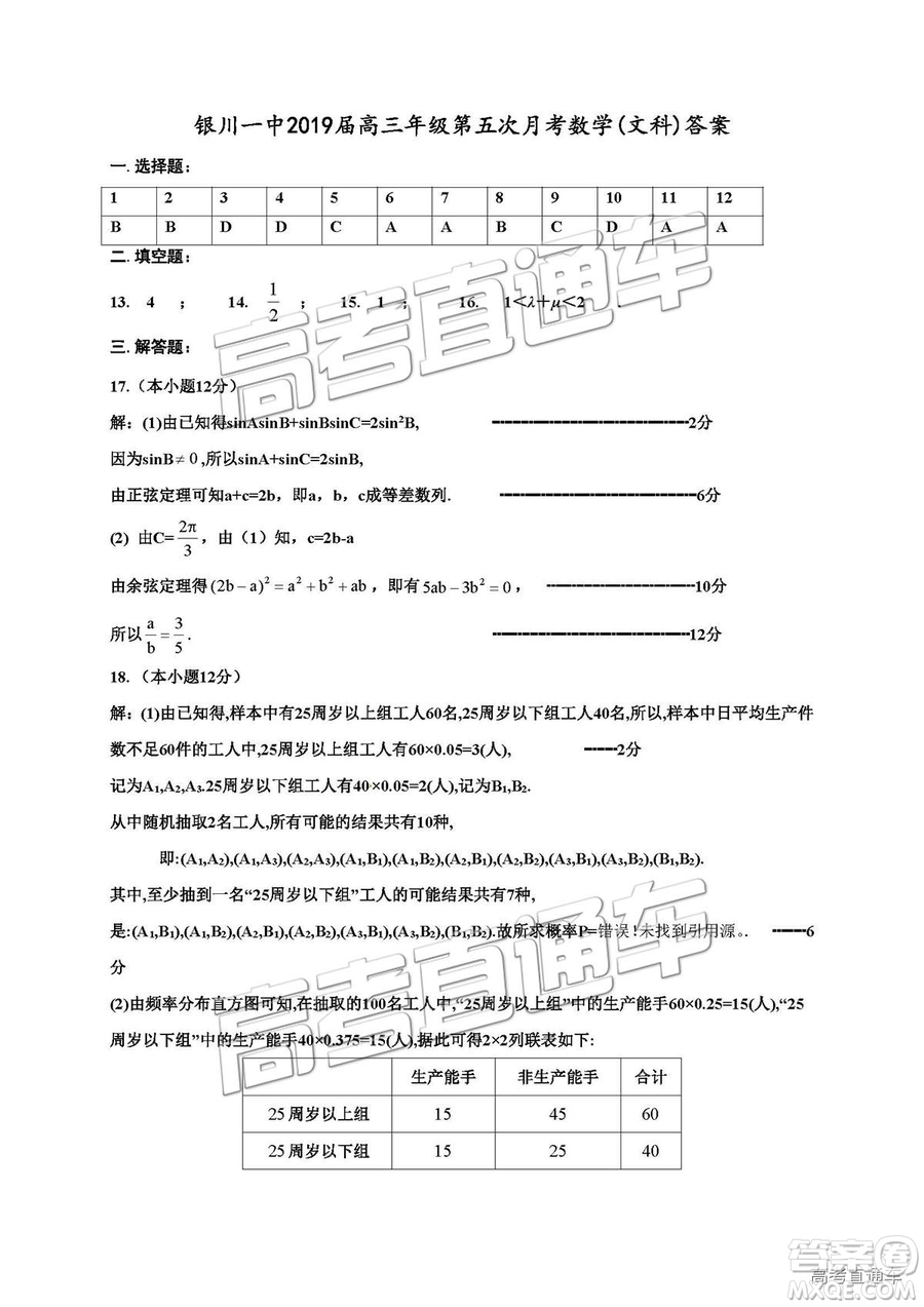 銀川一中2019屆第五次月考文數(shù)試題及參考答案
