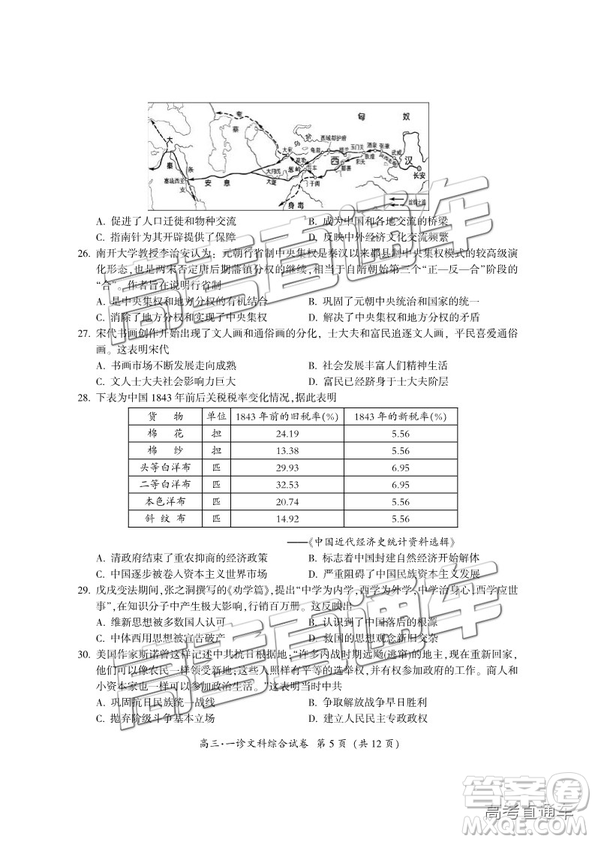 四川省廣元市高中2016級畢業(yè)班第一次高考適應(yīng)性考試文綜試題及答案
