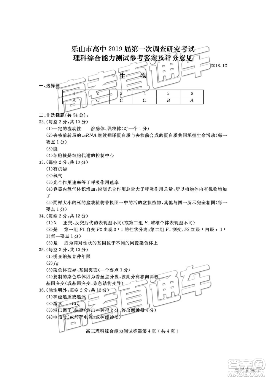 四川省樂(lè)山市高中2019屆第一次調(diào)查研究考試?yán)砭C試題及參考答案