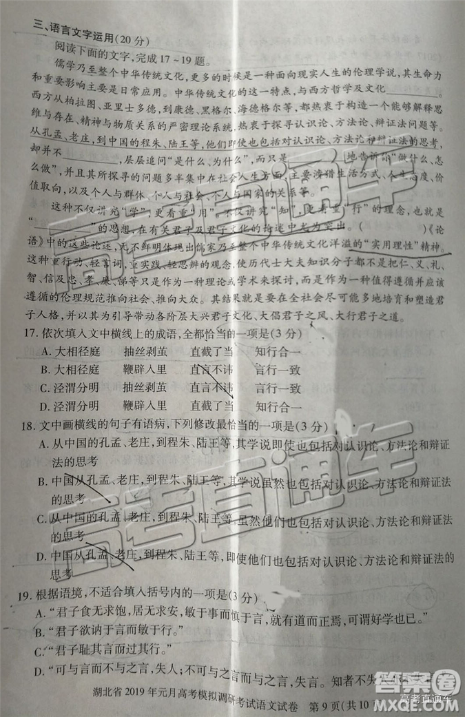 湖北省2019年元月高考模擬調(diào)研考試語(yǔ)文試卷及答案解析