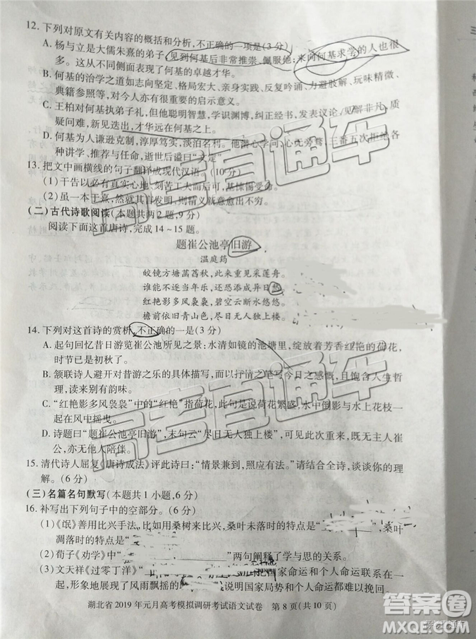 湖北省2019年元月高考模擬調(diào)研考試語(yǔ)文試卷及答案解析