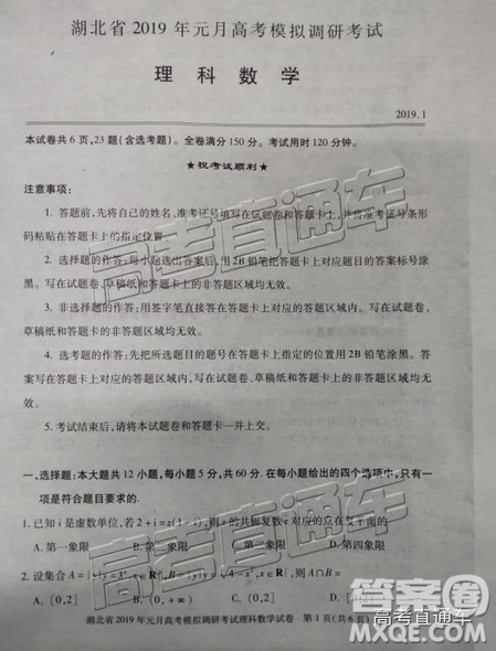 湖北省2019年元月高考模擬調(diào)研考試?yán)頂?shù)試卷及答案解析