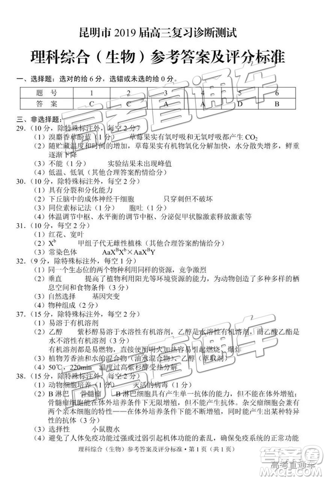 昆明市2019屆高三復(fù)習(xí)診斷測(cè)試?yán)砭C試卷及答案解析