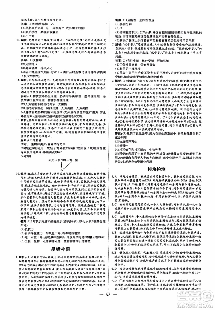 2018年高中同步導(dǎo)與練小題巧練生物選修3現(xiàn)代生物科技專題參考答案