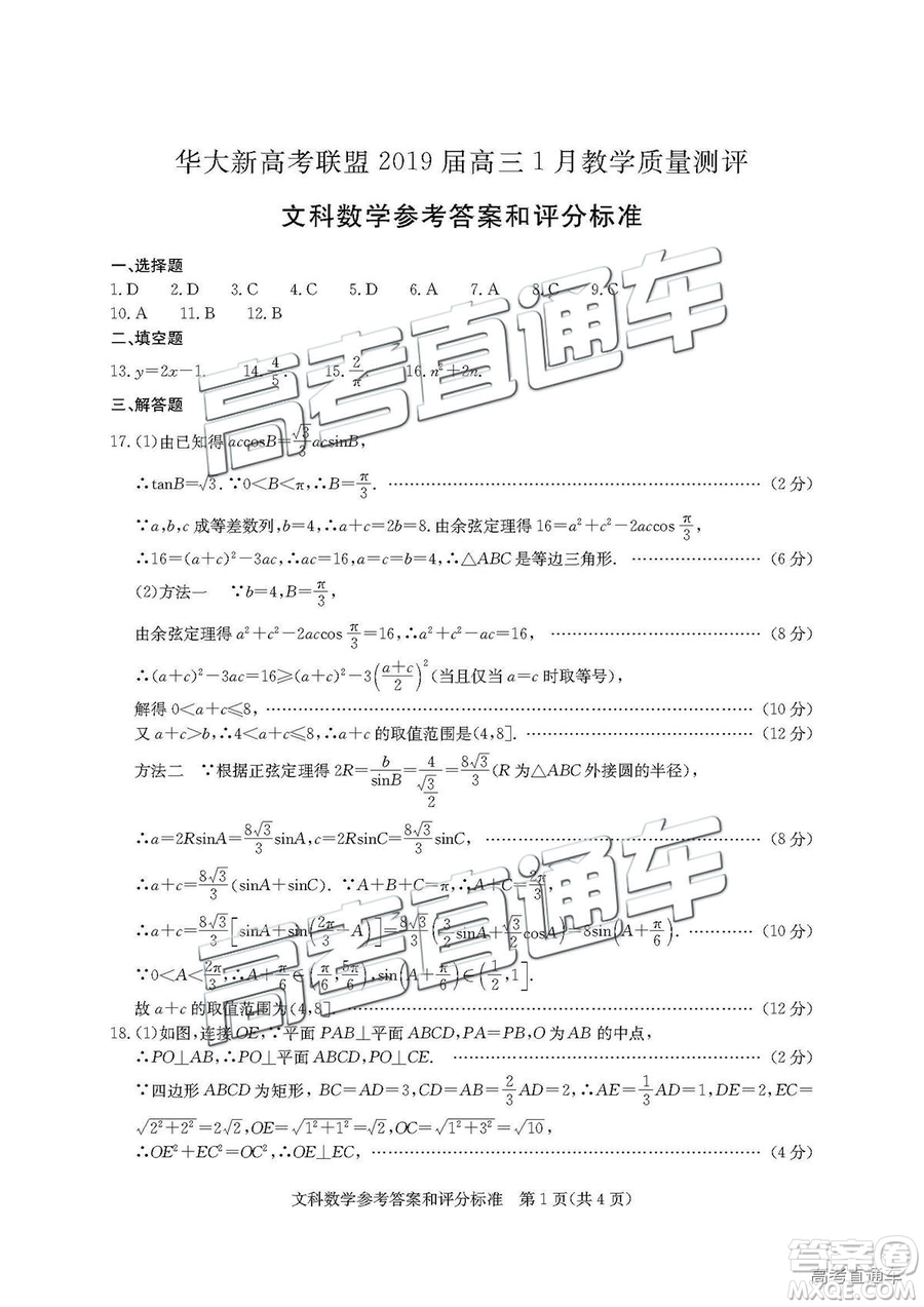 華大新高考聯(lián)盟2019屆高三1月教學(xué)質(zhì)量測(cè)評(píng)文數(shù)試卷及答案