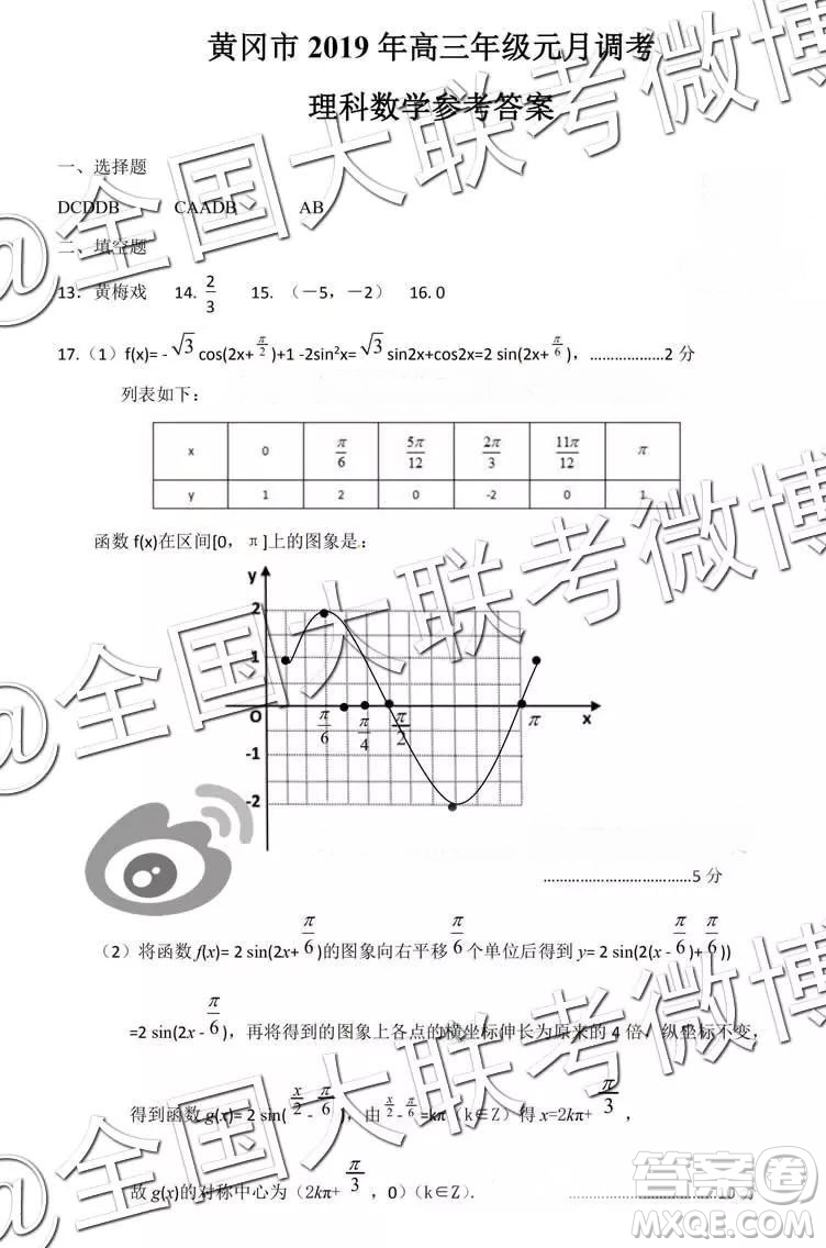 黃岡市2019年高三年級元月調(diào)考理科數(shù)學(xué)參考答案