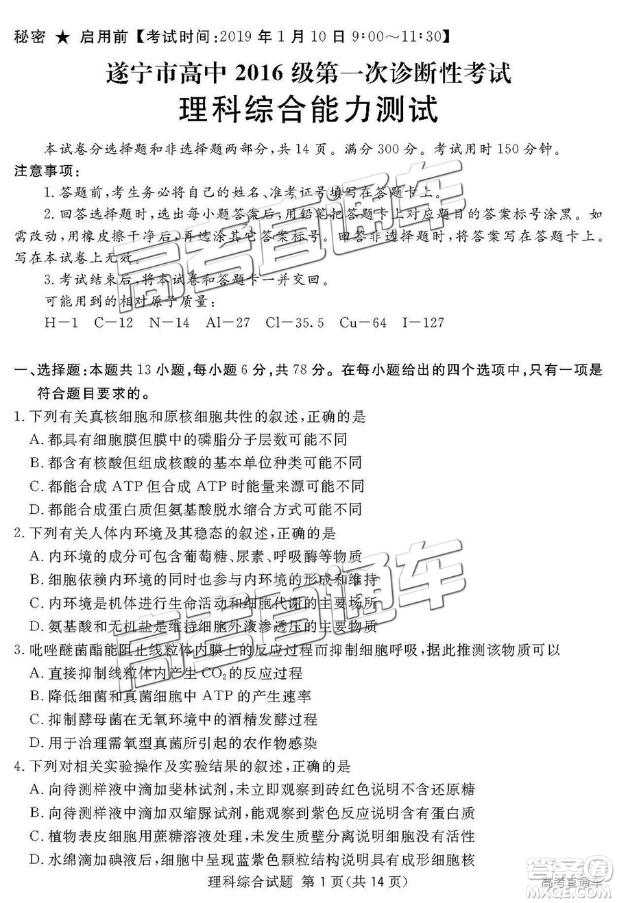 2019四川省眉山、遂寧、廣安、內江四市聯(lián)考理綜試題及參考答案