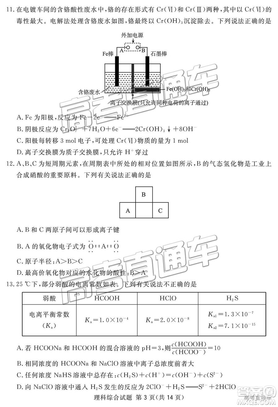 2019四川省眉山、遂寧、廣安、內江四市聯(lián)考理綜試題及參考答案