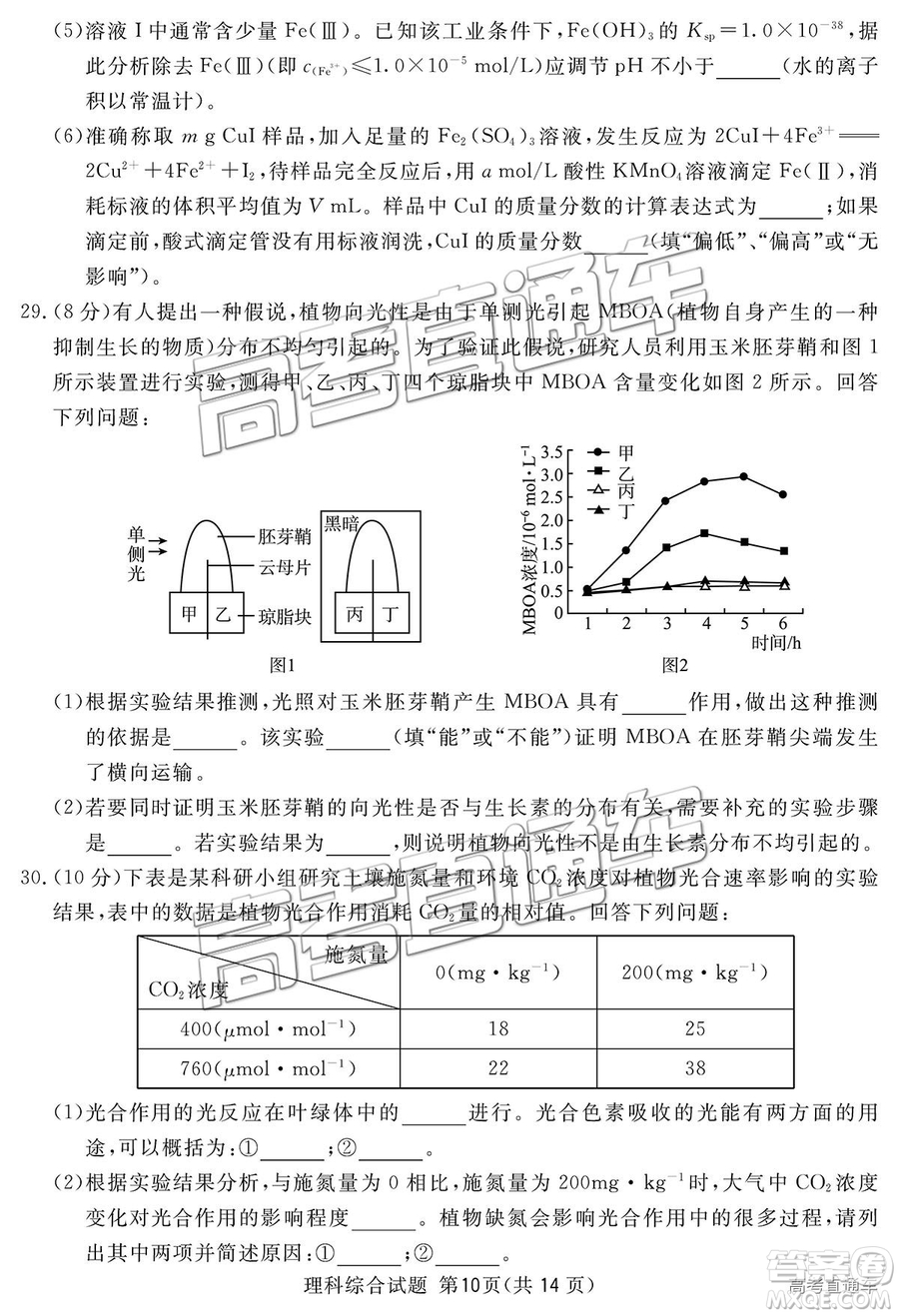 2019四川省眉山、遂寧、廣安、內江四市聯(lián)考理綜試題及參考答案