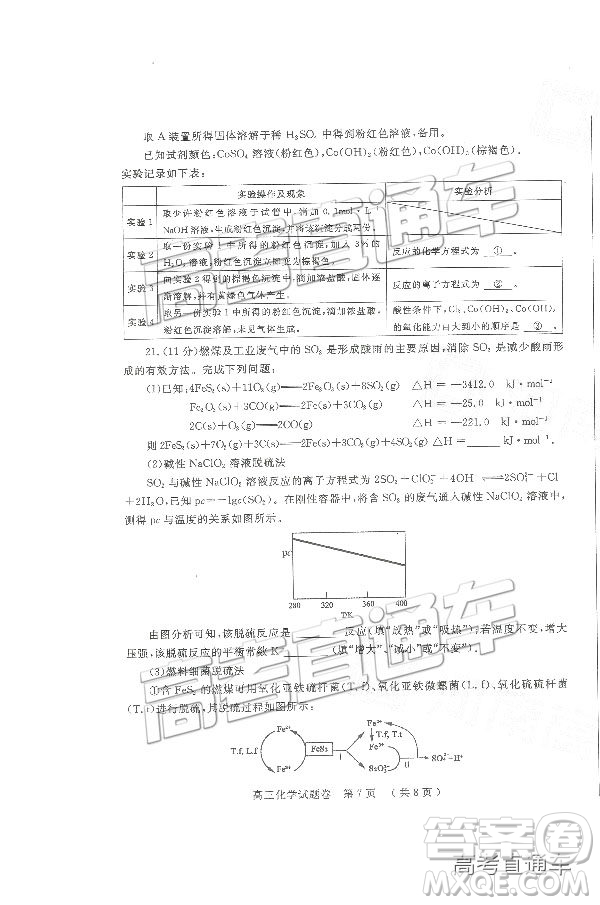 2019鄭州一測理綜試題及參考答案