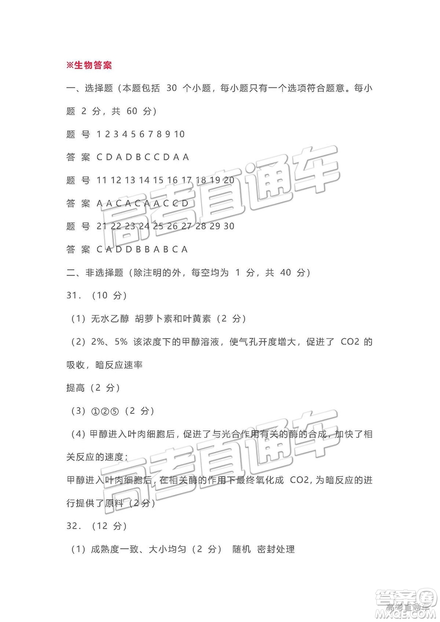 2019鄭州一測理綜試題及參考答案