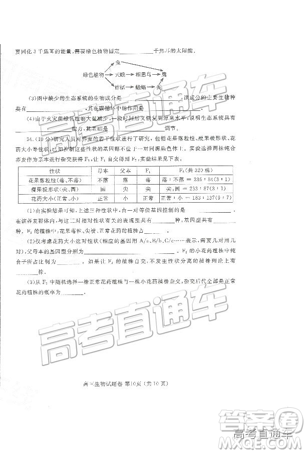 2019鄭州一測理綜試題及參考答案