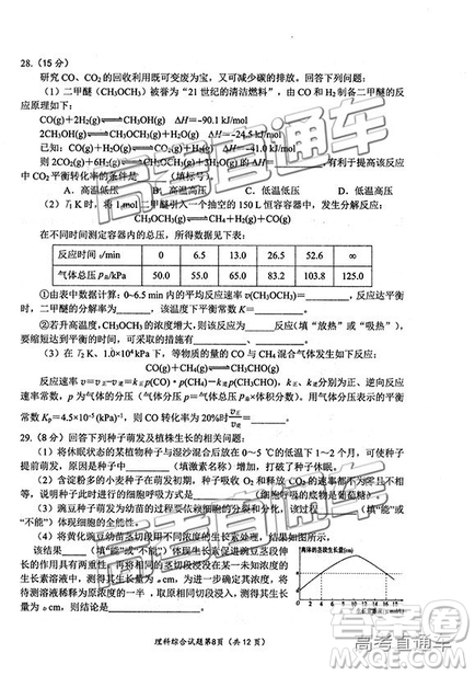 2019綿陽二診理綜試卷及答案解析
