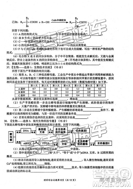 2019綿陽二診理綜試卷及答案解析