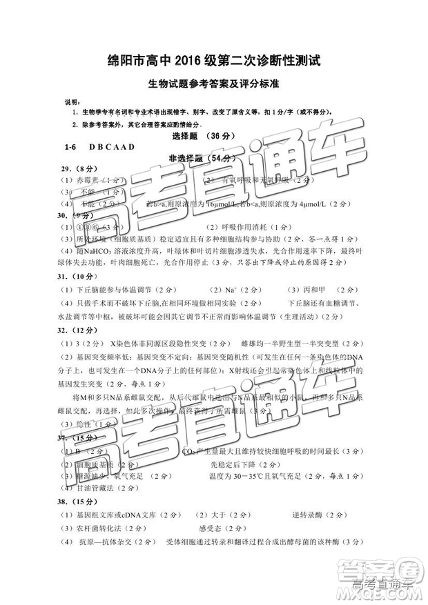 2019綿陽二診理綜試卷及答案解析