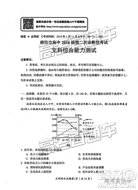 2019綿陽二診文綜試卷及答案解析