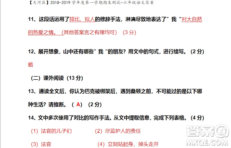 廣州市天河區(qū)2018-2019學(xué)年度六年級第一學(xué)期期末測試語文答案