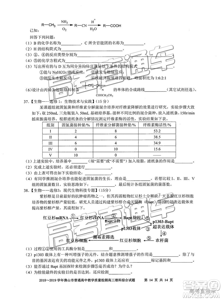 2019屆高三佛山一模理綜試題及參考答案