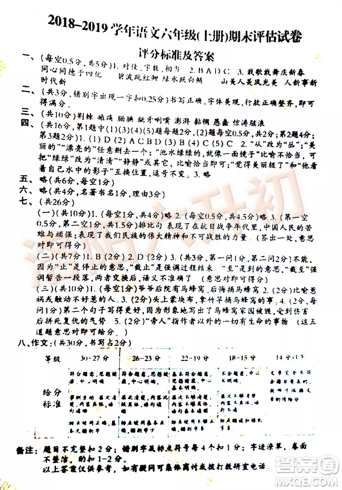 洛陽(yáng)西工區(qū)2018-2019學(xué)年六年級(jí)上學(xué)期語(yǔ)文期末試卷答案