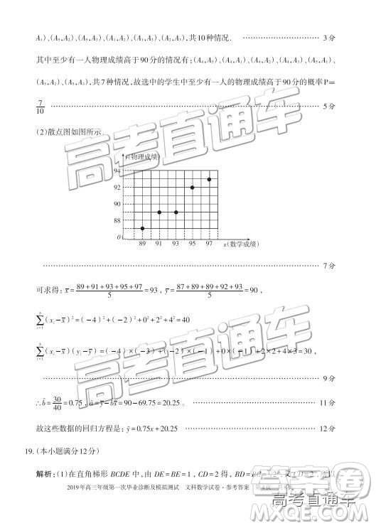 2019屆高三新疆烏魯木齊一診文數(shù)試題及參考答案