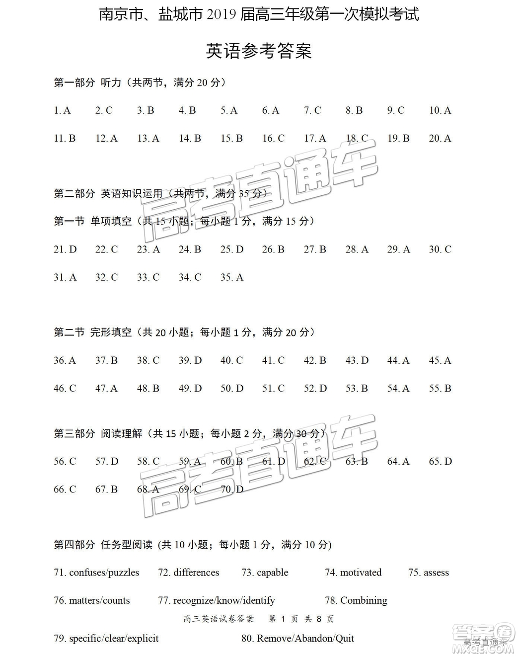 2019南京、鹽城一模英語試題及參考答案