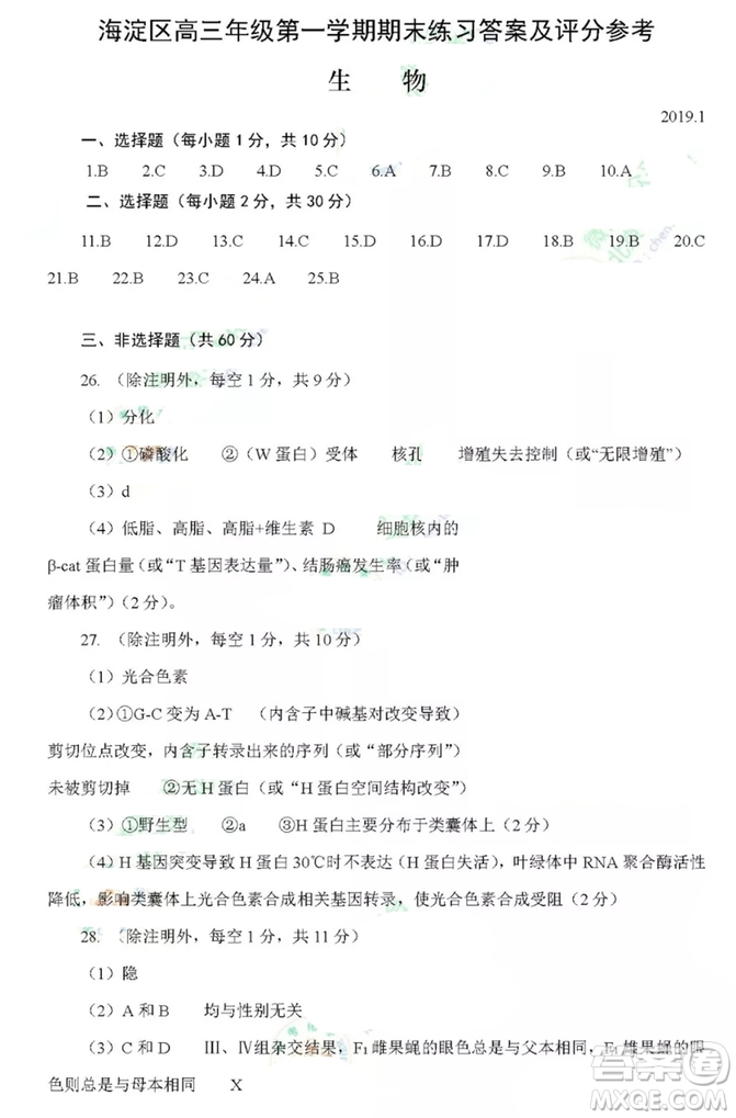 北京市海淀區(qū)2018-2019學(xué)年度高三上學(xué)期期末考試生物參考答案