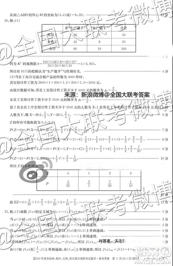 2019年高考桂林、梧州、貴港、玉林、崇左、北海聯(lián)合調(diào)研考試高三理科數(shù)學(xué)參考答案