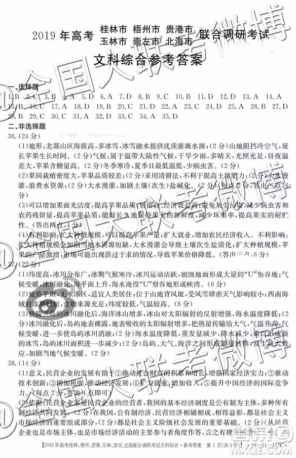 2019年高考桂林、梧州、貴港、玉林、崇左、北海聯(lián)合調(diào)研考試高三文科綜合參考答案
