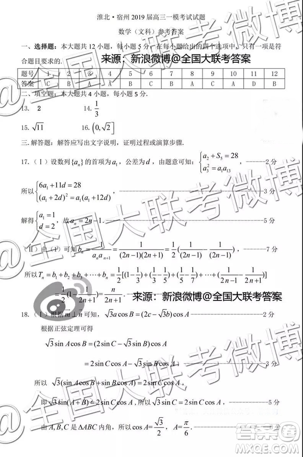 淮北宿州2019屆高三第一次模擬考試文科數(shù)學(xué)試題參考答案
