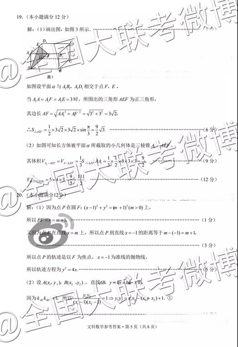 貴陽第一中學2019屆高考適應性月考卷五文科數學參考答案