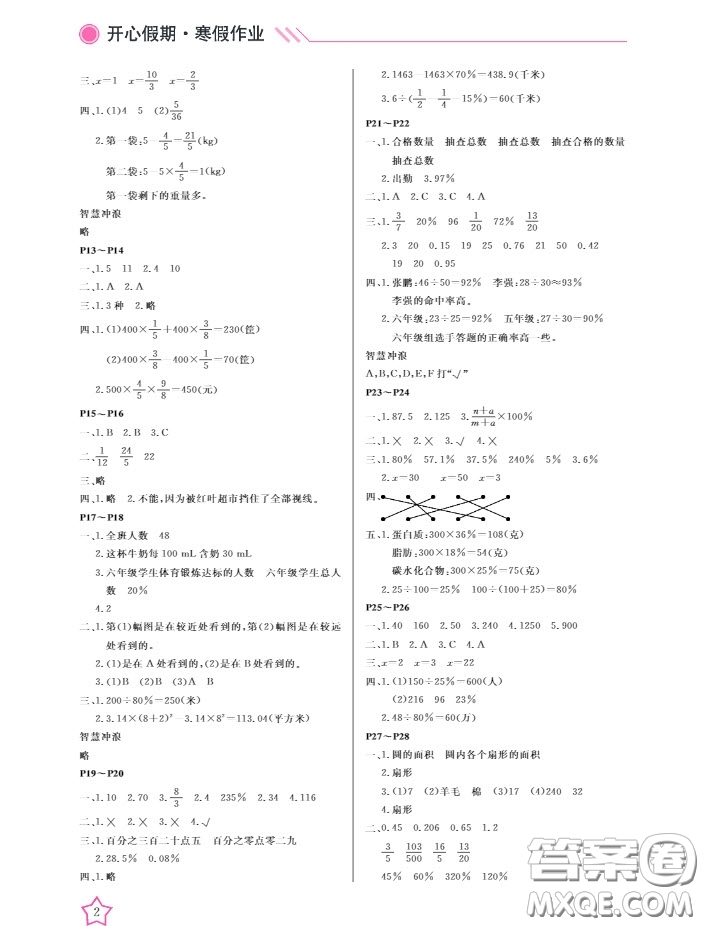 2019武漢出版社春季開心假期寒假作業(yè)B版六年級數(shù)學(xué)答案