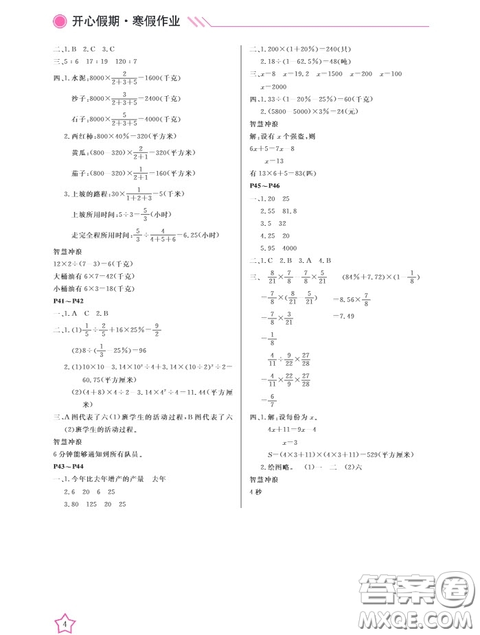 2019武漢出版社春季開心假期寒假作業(yè)B版六年級數(shù)學(xué)答案